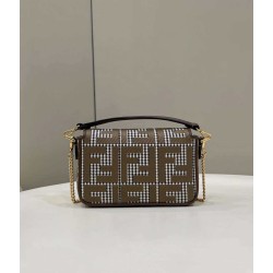 Fendi 8BS017 Borsa Mini Baguette in lana pied de poule con ricamo FF Marrone