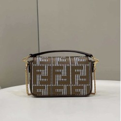 Fendi 8BS017 Borsa Mini Baguette in lana pied de poule con ricamo FF Marrone