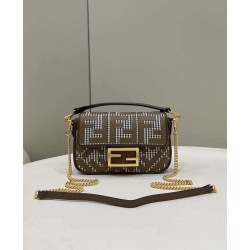Fendi 8BS017 Borsa Mini Baguette in lana pied de poule con ricamo FF Marrone