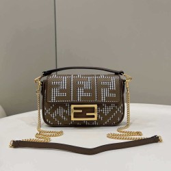 Fendi 8BS017 Borsa Mini Baguette in lana pied de poule con ricamo FF Marrone