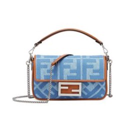 Fendi Baguette Mini Bag 8BS017 ricamo motivo FF denim Blu
