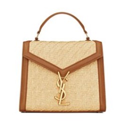 Borsa YSL Saint Laurent Cassandra Mini Top Handle in rafia e pelle conciata al vegetale Caffè
