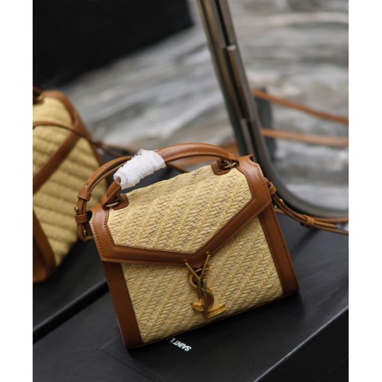 Replica Borsa YSL Saint Laurent Cassandra Mini Top Handle in rafia e pelle conciata al vegetale Caffè Replica Borsa YSL Saint Laurent Cassandra Mini Top Handle in rafia e pelle conciata al vegetale Caffè