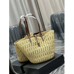 Borsa maxi Panier YSL Saint Laurent in rafia color albicocca