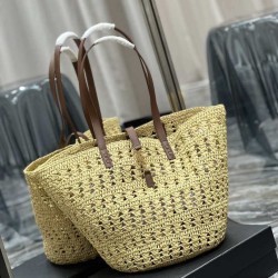Borsa maxi Panier YSL Saint Laurent in rafia color albicocca