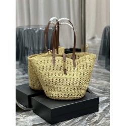 Borsa maxi Panier YSL Saint Laurent in rafia color albicocca