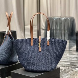 Borsa maxi Panier YSL Saint Laurent in rafia blu navy