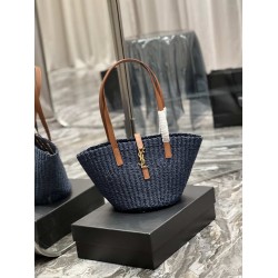 Borsa media YSL Saint Laurent Panier in rafia blu navy