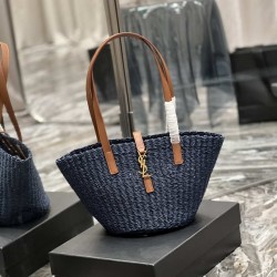 Borsa media YSL Saint Laurent Panier in rafia blu navy