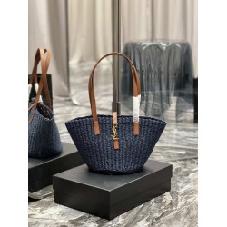 Borsa media YSL Saint Laurent Panier in rafia blu navy