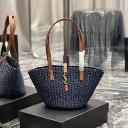 Borsa media YSL Saint Laurent Panier in rafia blu navy