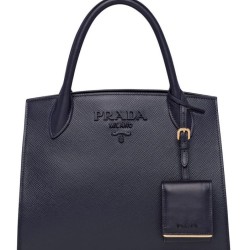Borsa in pelle Saffiano monocromatica Prada 1BA156 blu scuro