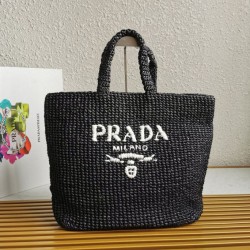 Prada Large Crochet Tote Bag Raffia-effect Yarn Nero
