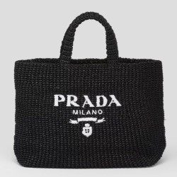 Prada Large Crochet Tote Bag Raffia-effect Yarn Nero