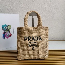 Prada Small Crochet Tote Bag Raffia-effect Yarn Beige