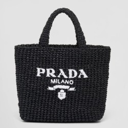 Borsa tote piccola Prada all'uncinetto in filato effetto rafia nero