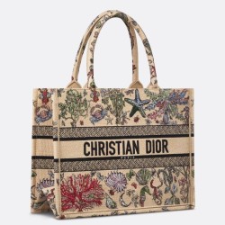 Borsa tote Dior media in rafia con Dior Cabinet de Curiosites Beige