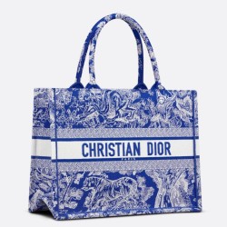 Dior Book Tote Bag Media Ricamo Toile de Jouy Reverse Blu