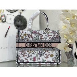 Dior Medium Book Tote Bag Ricamo Toile de Jouy Fiore Bianco/Blu