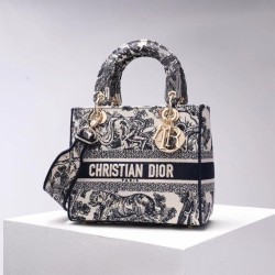 Dior Media Borsa Lady D-Lite Ricamo Toile de Jouy Blu
