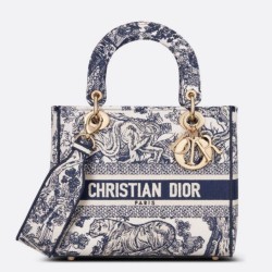 Dior Media Borsa Lady D-Lite Ricamo Toile de Jouy Blu