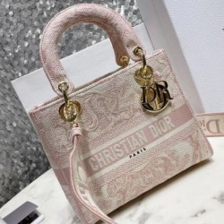 Dior Media Borsa Lady D-Lite Ricamo Toile de Jouy Rosa