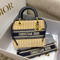 Dior Borsa Lady Dior Media Wicker e Jacquard Obliquo Blu
