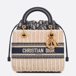 Dior Borsa Lady Dior Media Wicker e Jacquard Obliquo Blu