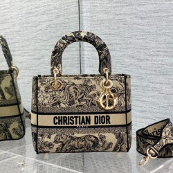 Dior Media Borsa Lady D-Lite Ricamo Toile de Jouy Marrone