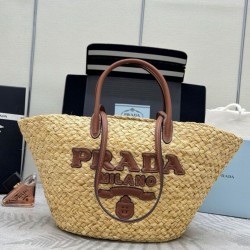 Borsa shopping Prada Grande in Rafia Caffè