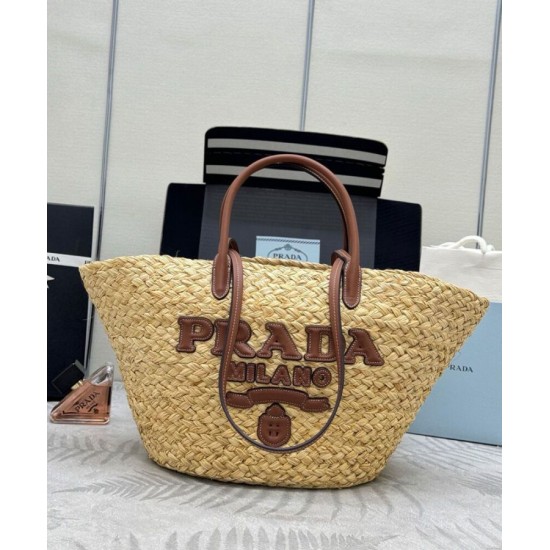 Replica Borsa shopping Prada Grande in Rafia Caffè imitazione False Online
