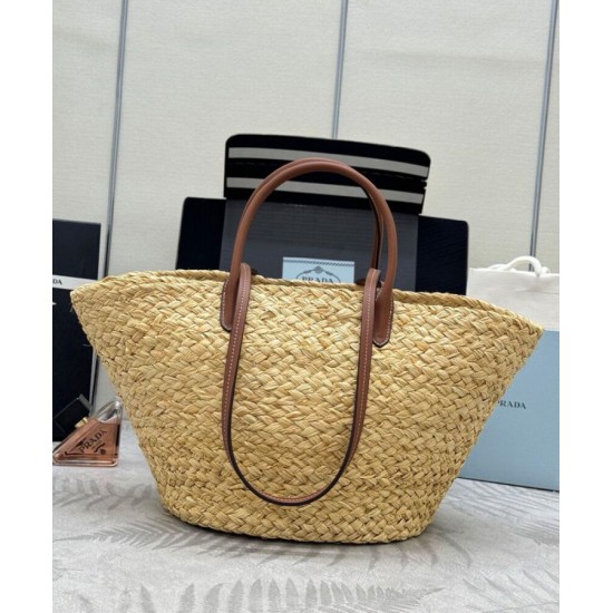Replica Borsa shopping Prada Grande in Rafia Caffè imitazione False Online