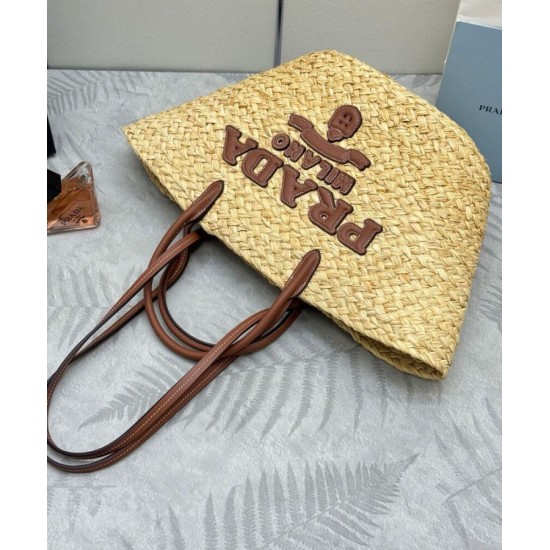Replica Borsa shopping Prada Grande in Rafia Caffè imitazione False Online