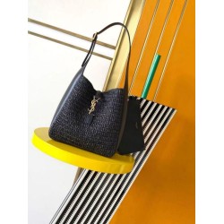 Borsa a tracolla piccola Saint Laurent Le 5 À 7 morbida in rafia nera