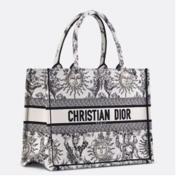 Dior Medium Book Tote Bag Bianco Toile de Jouy Soleil Embroidery