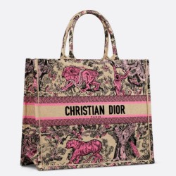 Borsa Dior grande Dioriviera Book Tote in rafia con ricamo Toile de Jouy Sauvage rosa