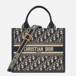 Borsa tote Dior piccola per libri con tracolla in tela blu Dior Oblique