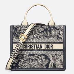 Borsa Dior piccola Book Tote con tracolla Ricamo Toile de Jouy Reverse e pelle di vitello blu
