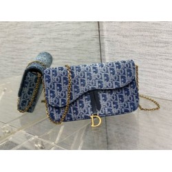 Borsa a Tracolla Dior Saddle Chain Jacquard Blu Denim Obliquo