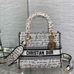 Borsa Dior Lady D-Lite Media Motivo Je Vous Adore Bianco e Rosso