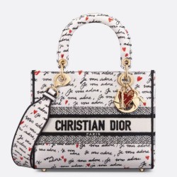 Borsa Dior Lady D-Lite Media Motivo Je Vous Adore Bianco e Rosso