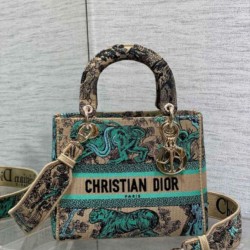 Dior Dioriviera Lady D-Lite Medium Bag Raffia con ricamo Toile de Jouy Sauvage verde