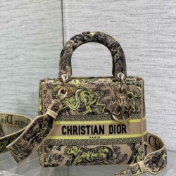 Borsa Dior Dioriviera Lady D-Lite Media Raffia con Ricamo Toile de Jouy Sauvage Lime
