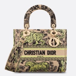 Borsa Dior Dioriviera Lady D-Lite Media Raffia con Ricamo Toile de Jouy Sauvage Lime