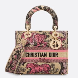 Dior Dioriviera Lady D-Lite Medium Bag Raffia con ricamo Toile de Jouy Sauvage rosa