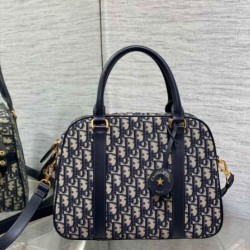 Dior D-Vibe Bowling Borsa grande Jacquard blu obliquo
