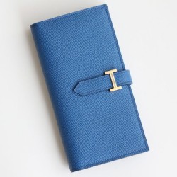 Replica Portafoglio lungo Hermès Bearn fatto a mano in pelle di vitello Epsom blu Francia imitazione Outlet