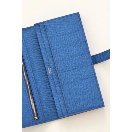 Replica Portafoglio lungo Hermès Bearn fatto a mano in pelle di vitello Epsom blu Francia imitazione Falso Replica Portafoglio lungo Hermès Bearn fatto a mano in pelle di vitello Epsom blu Francia imitazione Falso