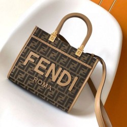 Borsa tote piccola Fendi Sunshine tessuto jacquard FF marrone