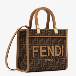 Borsa tote piccola Fendi Sunshine tessuto jacquard FF marrone